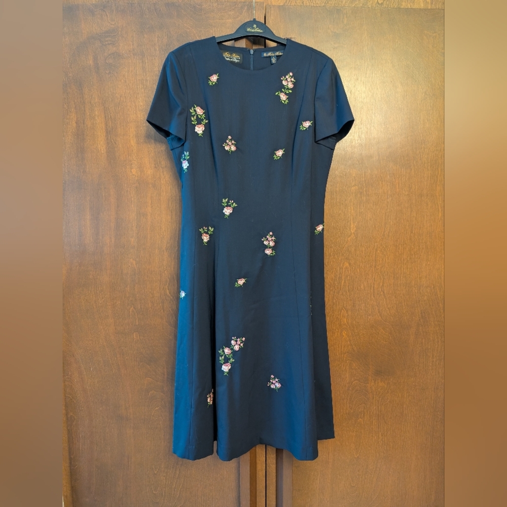 Brooks Brothers Navy Rose Floral Fine Wool Midi Dress